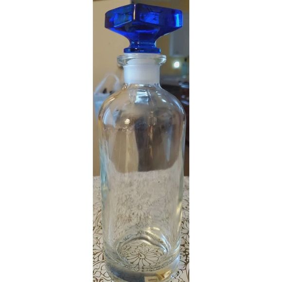 Vintage Apothecary Glass DecanterS (2) 10" Blown Bottles, Cobalt Blue Stoppers - Picture 4 of 9
